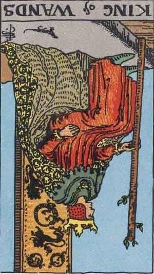 King of Wands Tarot Card Meaning A depiction of the Reversed King of Wands tarot card, illustrating its contrasting themes.