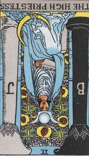 The High Priestess Meaning The reversed High Priestess tarot card, symbolizing hidden truths and intuition blocked.