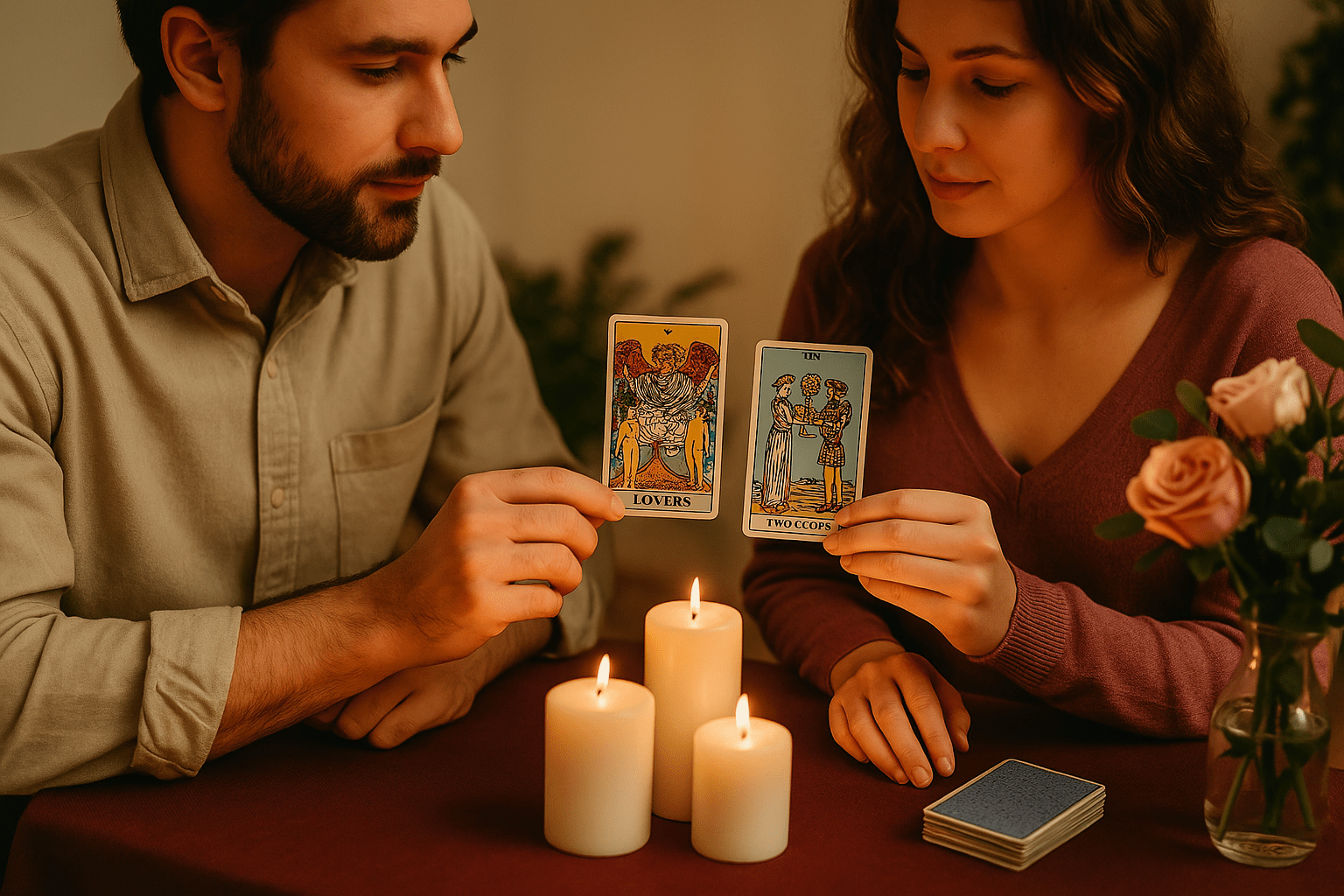 A romantic-themed tarot card reading setup.