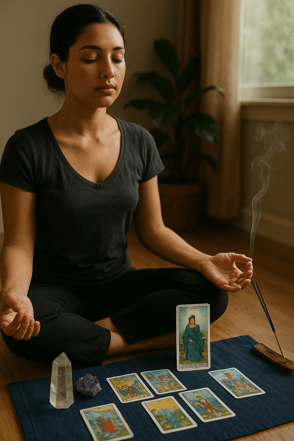 A person journaling their tarot journey with cards spread out.
