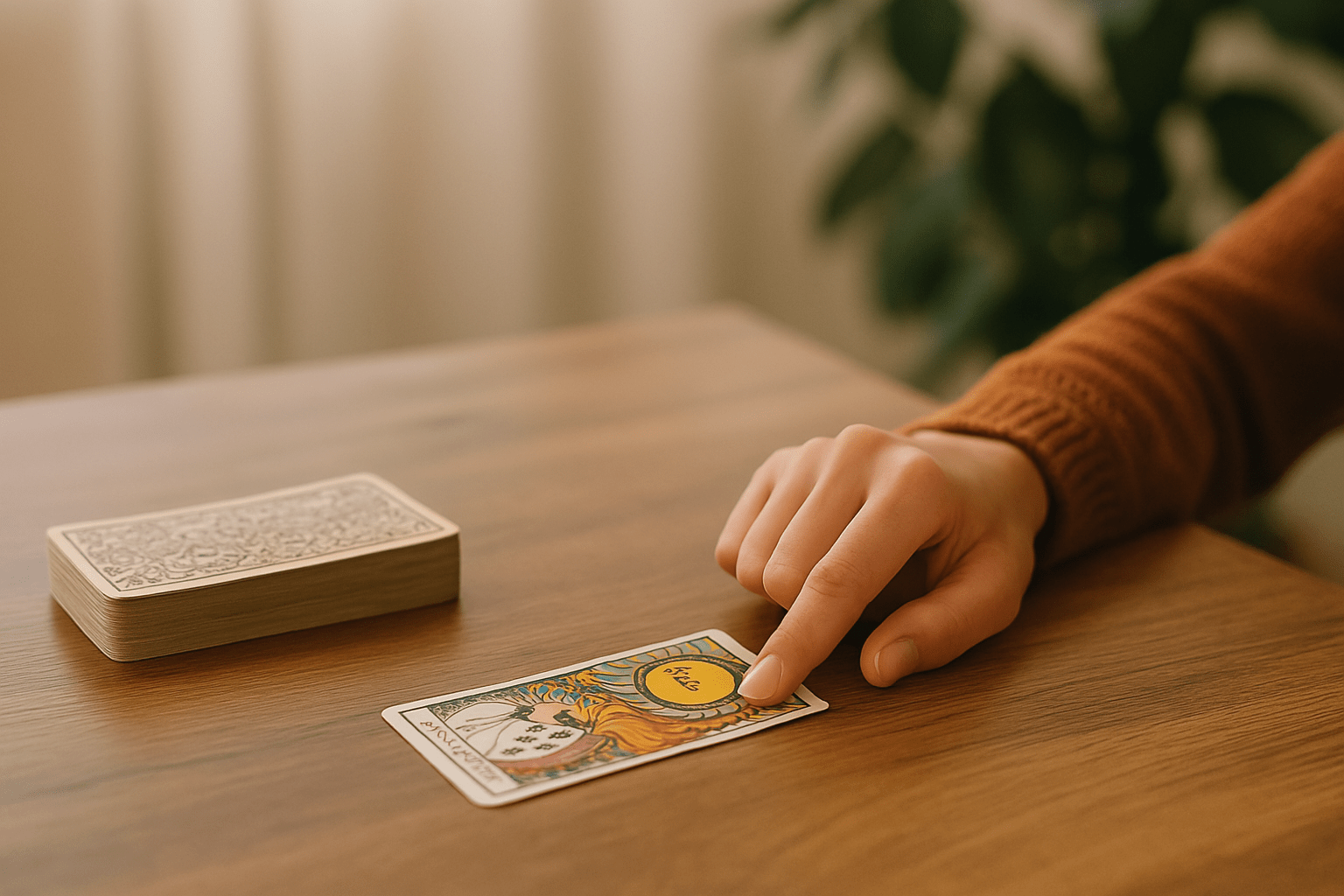 An illustration of a tarot deck with one card drawn.